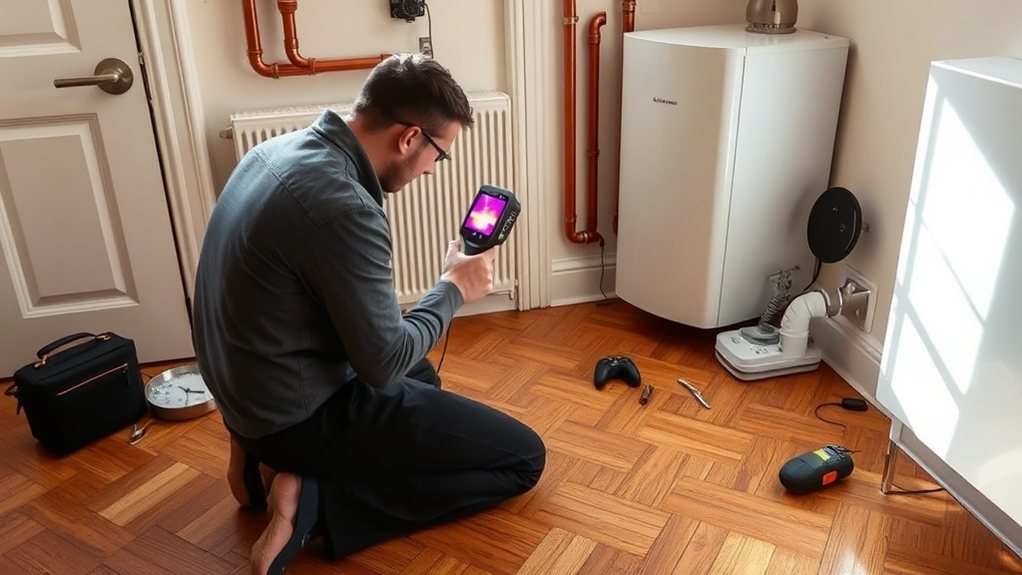Engineer locating central heating leak using thermal imaging in Shepherd's Bush